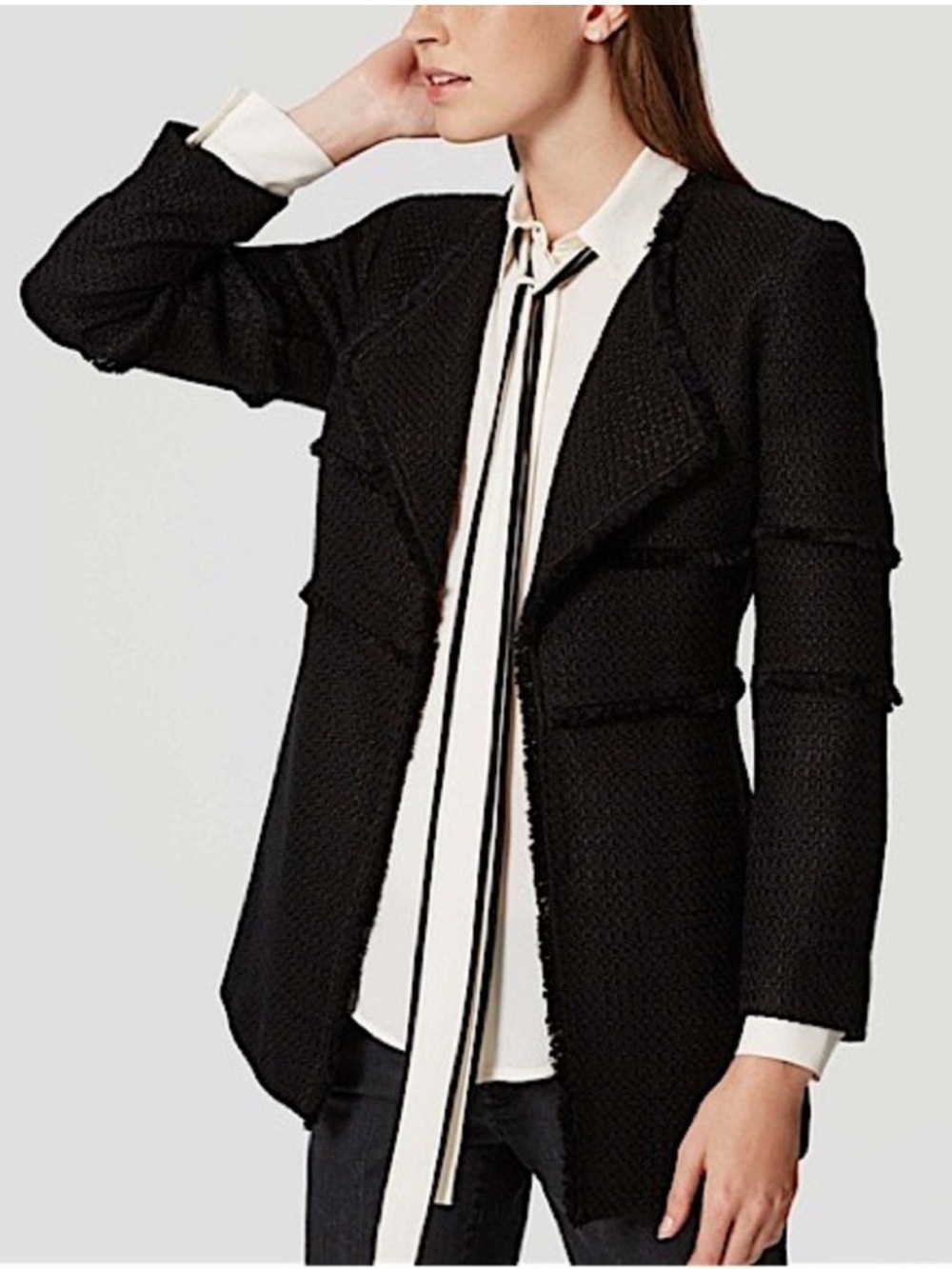 Ann Taylor LOFT Draped Fringe Tweed Open Jacket in black size Small